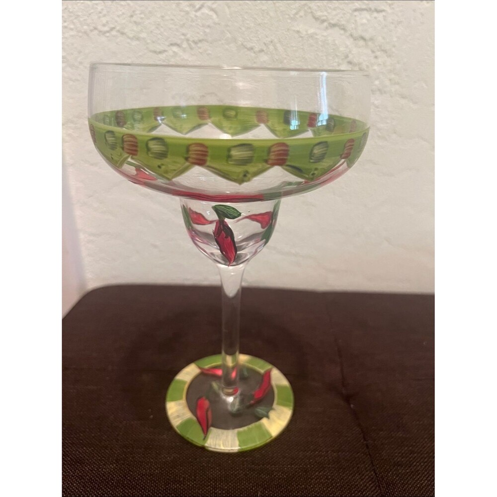 #2054*Hand-Painted Margarita Glass with Green Rim & Red Chili Motif